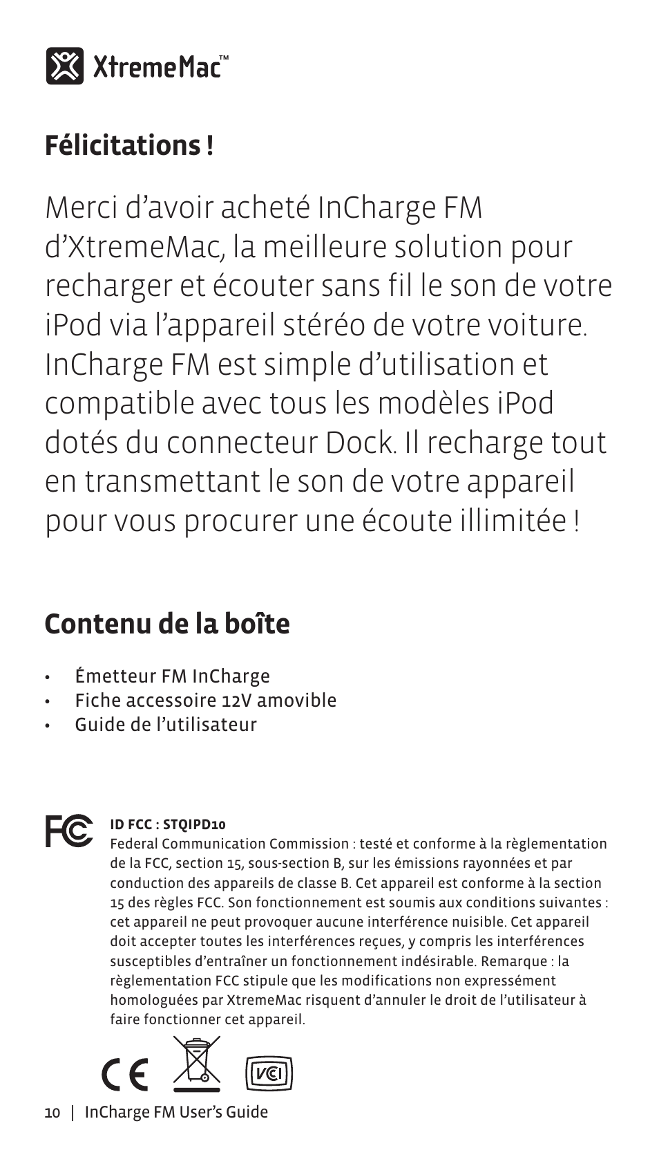 Félicitations, Contenu de la boîte | XtremeMac Incharge FM User Manual | Page 9 / 35