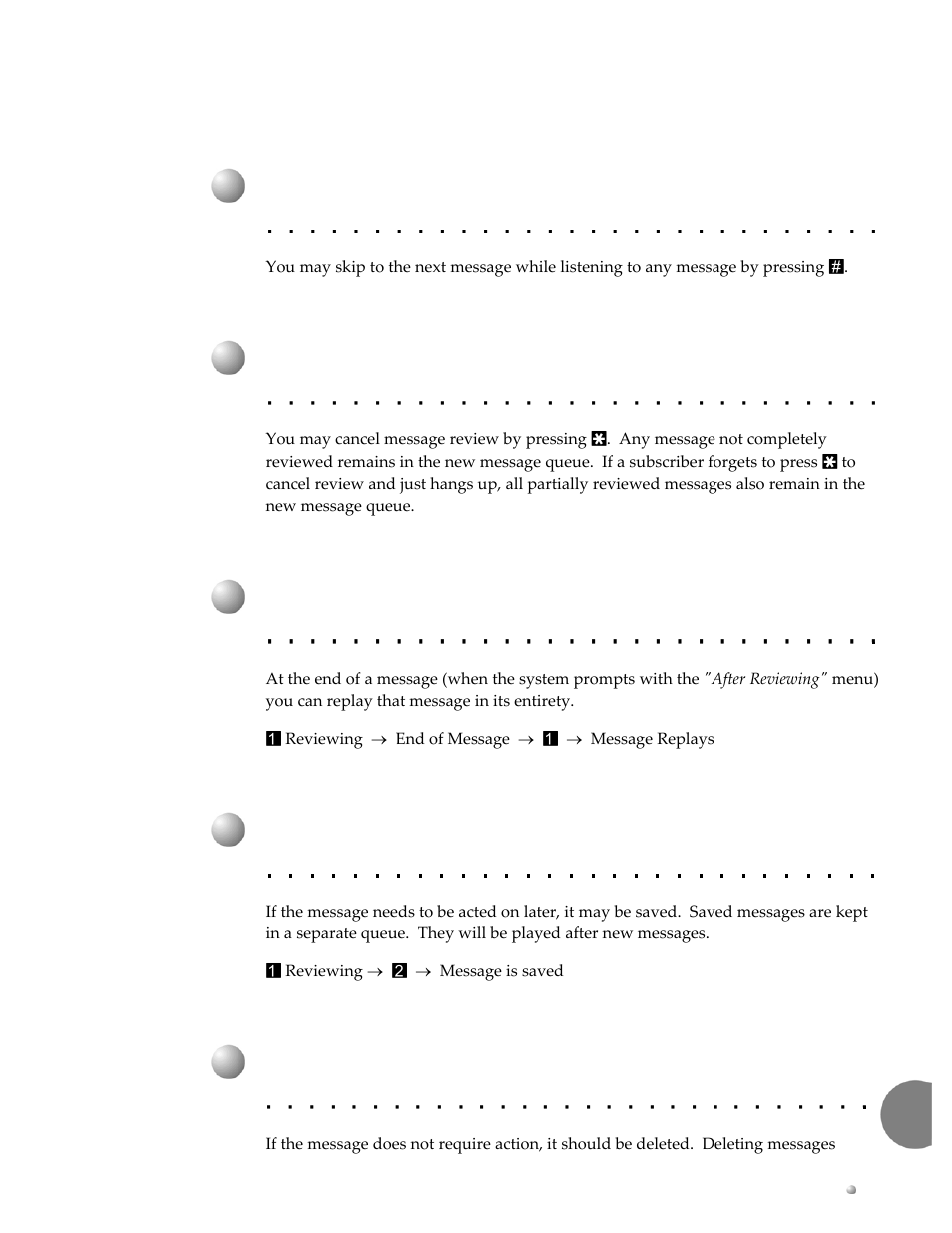 Skip a message, Cancel play of messages, Replay a message | Save a message, Delete a message | Xblue Networks XPLUS100 User Manual | Page 15 / 24