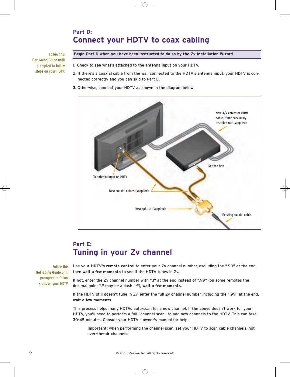 Tuning in your zv channel, Connect your hdtv to coax cabling, Part e | Part d | ZeeVee ZvBox Zv-100 User Manual | Page 10 / 12