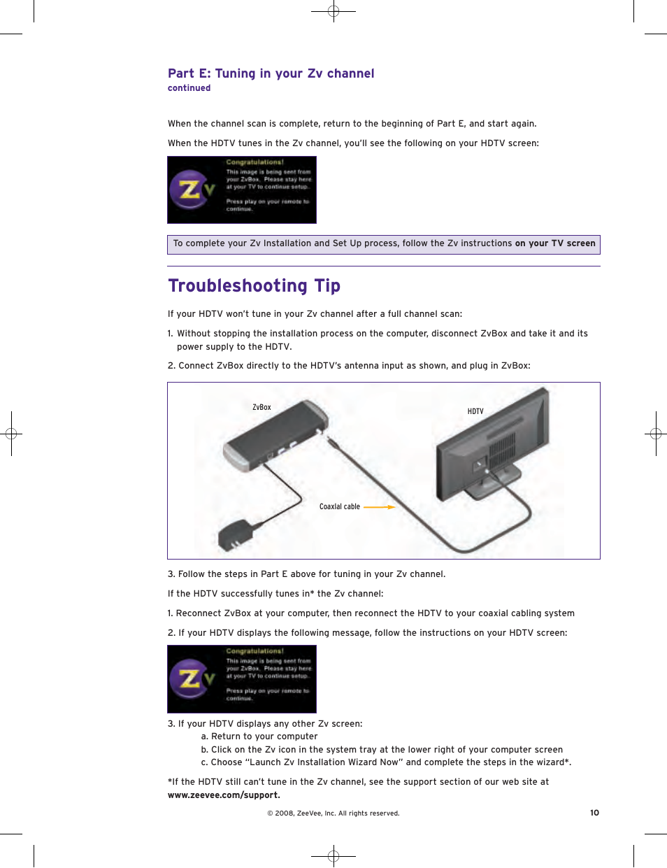 Troubleshooting tip, Part e: tuning in your zv channel | ZeeVee ZvBox Zv-100 User Manual | Page 11 / 12