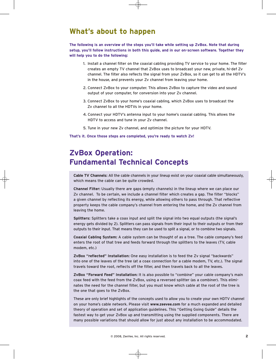 What’s about to happen, Zvbox operation: fundamental technical concepts | ZeeVee ZvBox Zv-100 User Manual | Page 3 / 12