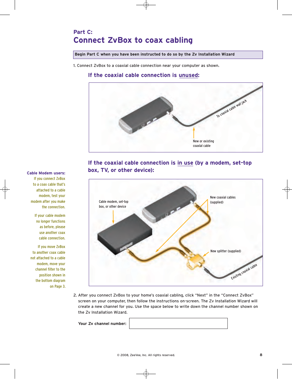 Connect zvbox to coax cabling, Part c | ZeeVee ZvBox Zv-100 User Manual | Page 9 / 12