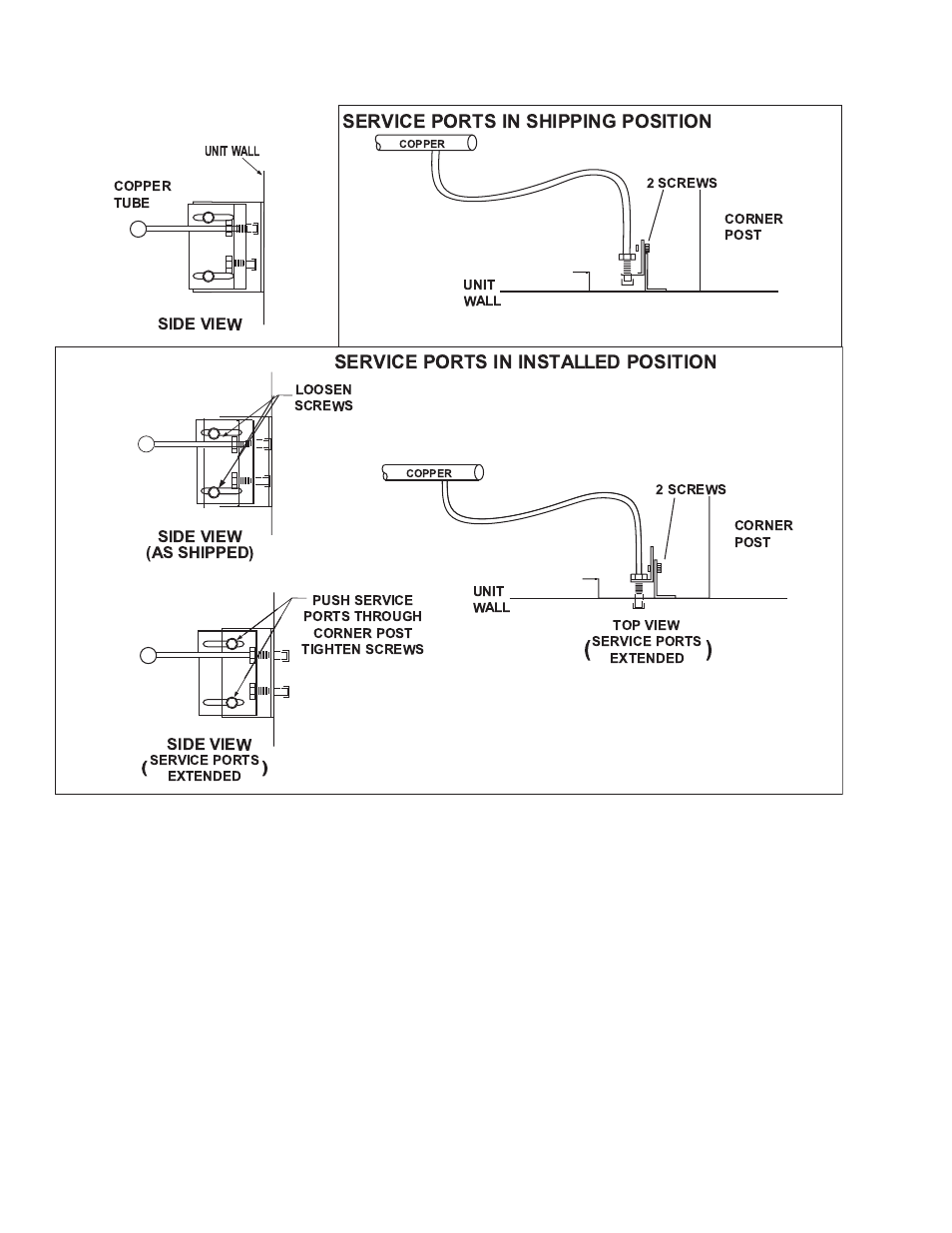 Service ports in shipping position, Service ports in installed position | York E1FB240 User Manual | Page 10 / 20