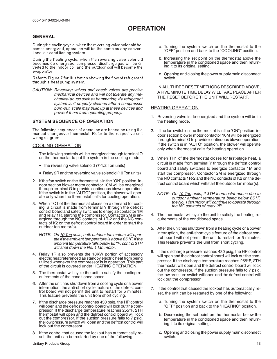 Operation | York E2FB120 User Manual | Page 13 / 16