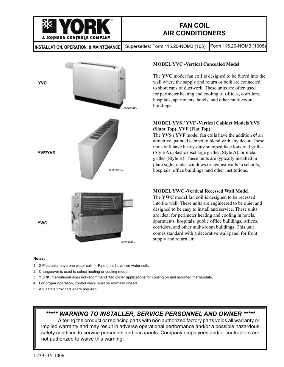 York FAN COIL YWC User Manual | 12 pages