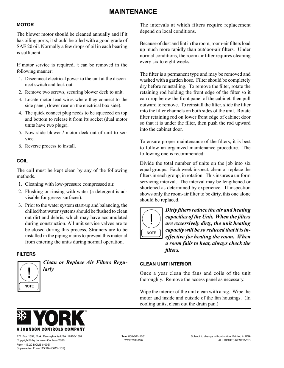 Maintenance | York FAN COIL YWC User Manual | Page 12 / 12