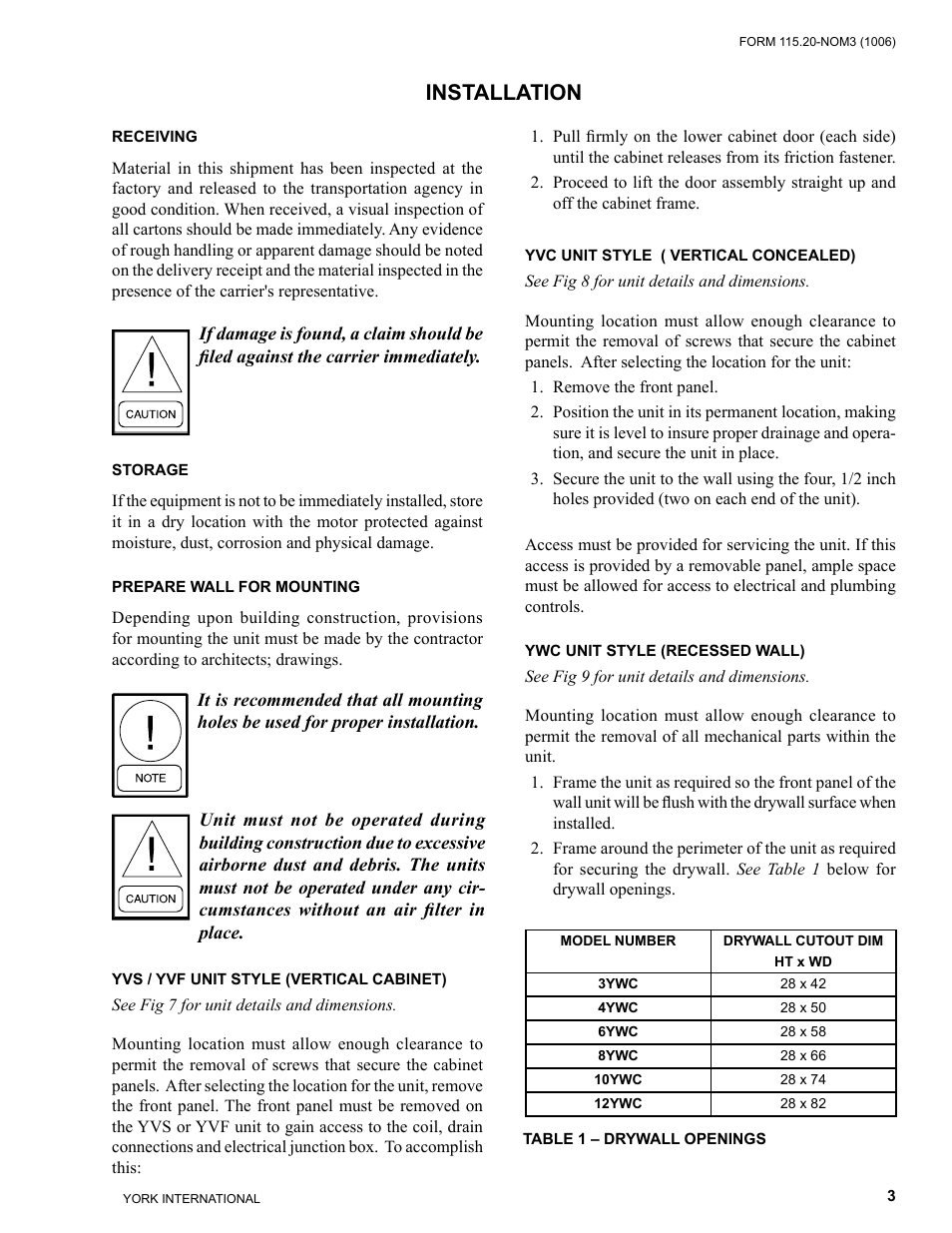 Installation, Receiving, Storage | Prepare wall for mounting | York FAN COIL YWC User Manual | Page 3 / 12