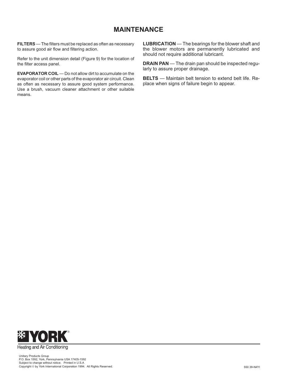 Maintenance | York SUNLINE K4EU120A50A User Manual | Page 12 / 12