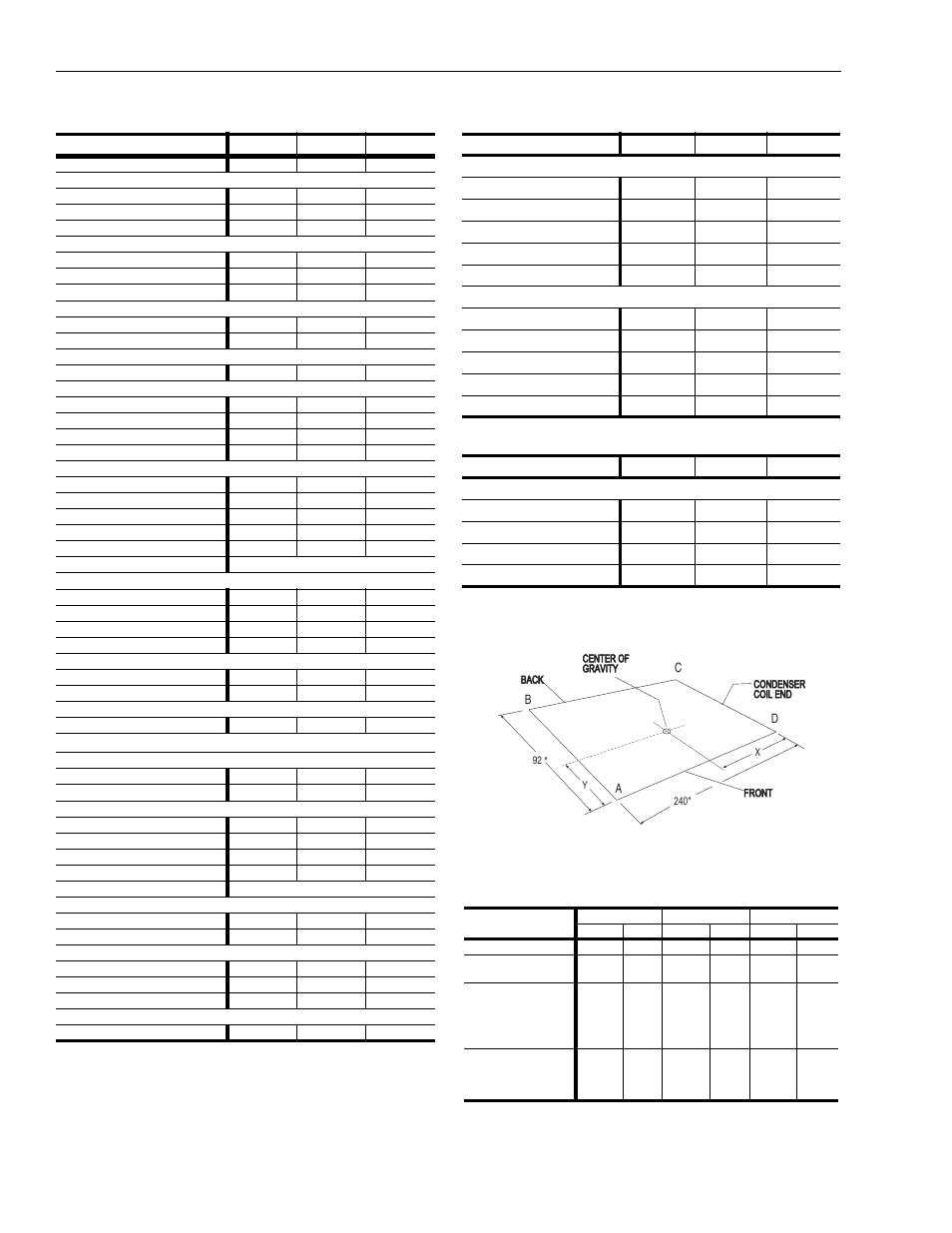 Table 57: unit weights, Table 58: supply fan motor vfd weights, Table 59: exhaust fan motor vfd weights | Figure 27 - center of gravity, Table 60: unit center of gravity, 27 center of gravity, 57 unit weights, 58 supply fan motor vfd weights, 59 exhaust fan motor vfd weights, 60 unit center of gravity | York Y33 User Manual | Page 78 / 96