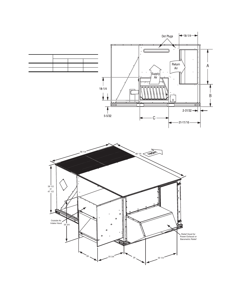 Figure 9 - rear duct dimensions, Figure 10 - downflow economizer hood detail, Ab c | York PREDATOR DM 078 User Manual | Page 39 / 48