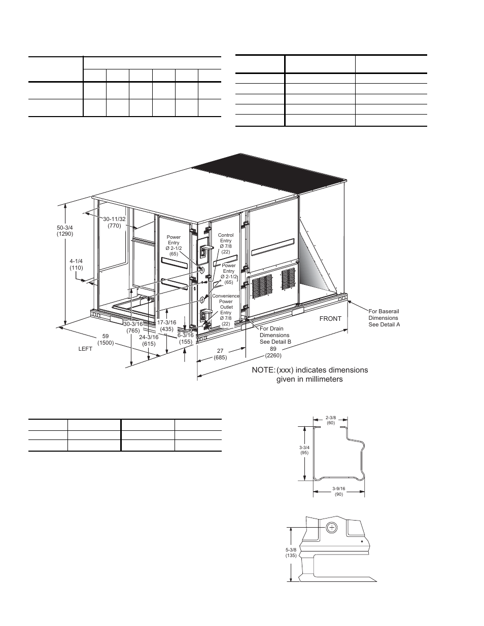 Table 37: 6 point load weight, Table 38: unit weights, Figure 5 - unit dimensions | Table 39: unit clearances, Detail a, Detail b | York PREDATOR BP 090 User Manual | Page 26 / 36