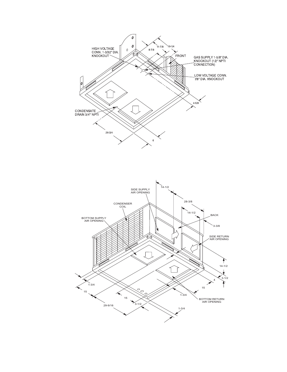 Unit dimensions - front & bottom, Unit dimensions - back & bottom | York DNP036 User Manual | Page 21 / 36