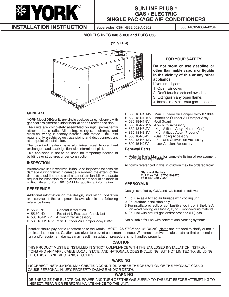 York SUNLINE PLUS D2EG 048 User Manual | 20 pages