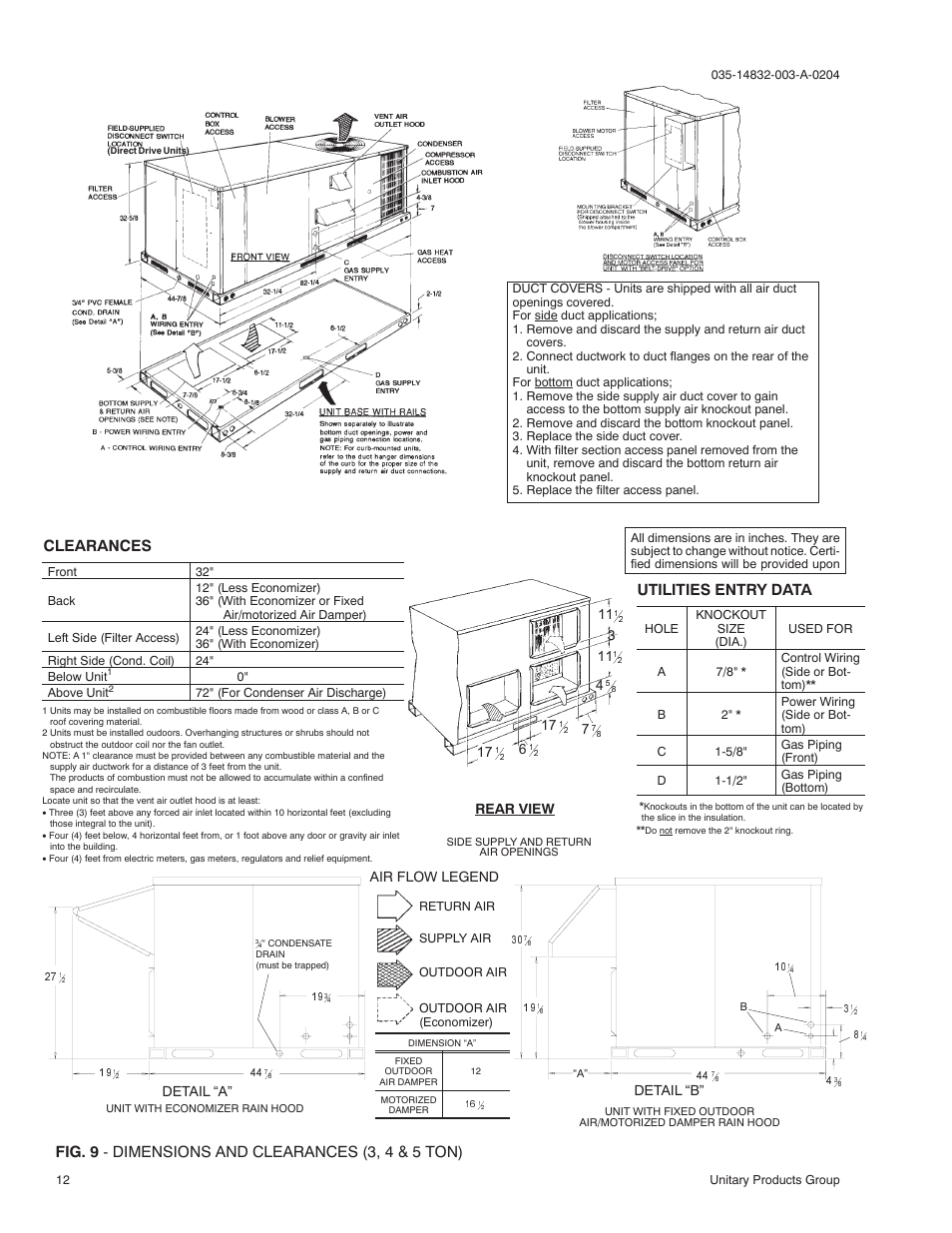 Fig. 9 - dimensions and clearances (3, 4 & 5 ton), Utilities entry data, Clearances | Rear view, Detail “a” detail “b, Air flow legend | York SUNLINE PLUS D2EG 048 User Manual | Page 12 / 20
