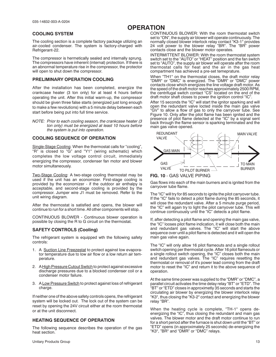 Operation | York SUNLINE PLUS D2EG 048 User Manual | Page 13 / 20