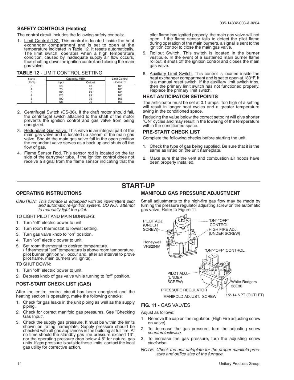 Start-up | York SUNLINE PLUS D2EG 048 User Manual | Page 14 / 20