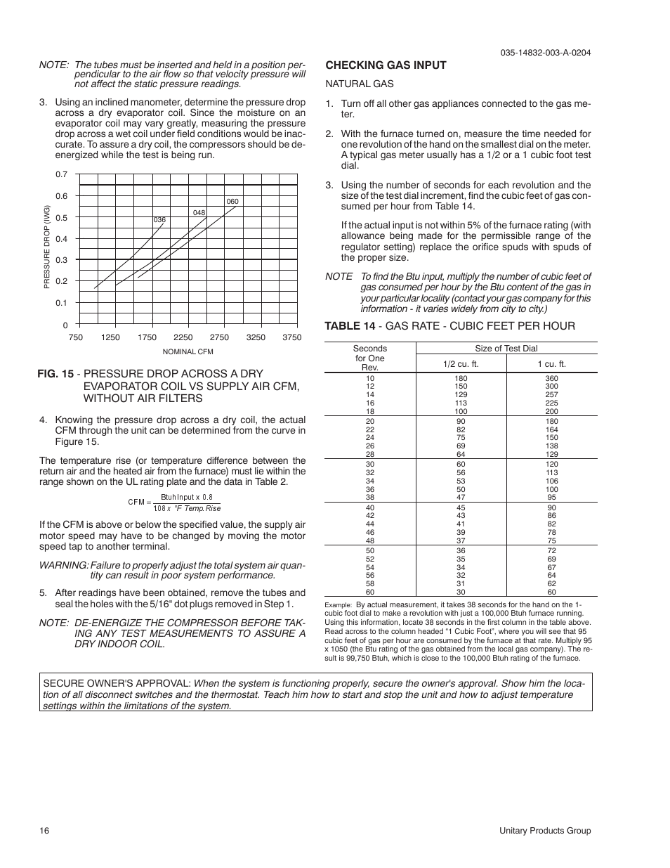 Checking gas input, Table 14 - gas rate - cubic feet per hour | York SUNLINE PLUS D2EG 048 User Manual | Page 16 / 20