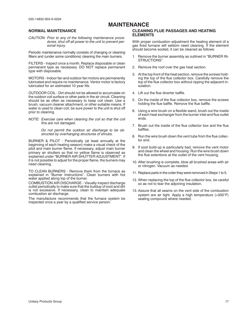 Maintenance | York SUNLINE PLUS D2EG 048 User Manual | Page 17 / 20