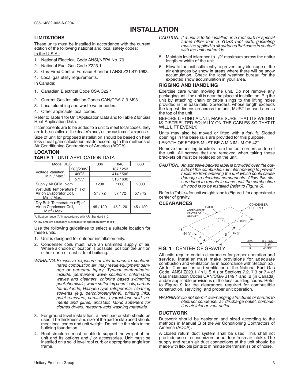 Installation | York SUNLINE PLUS D2EG 048 User Manual | Page 3 / 20