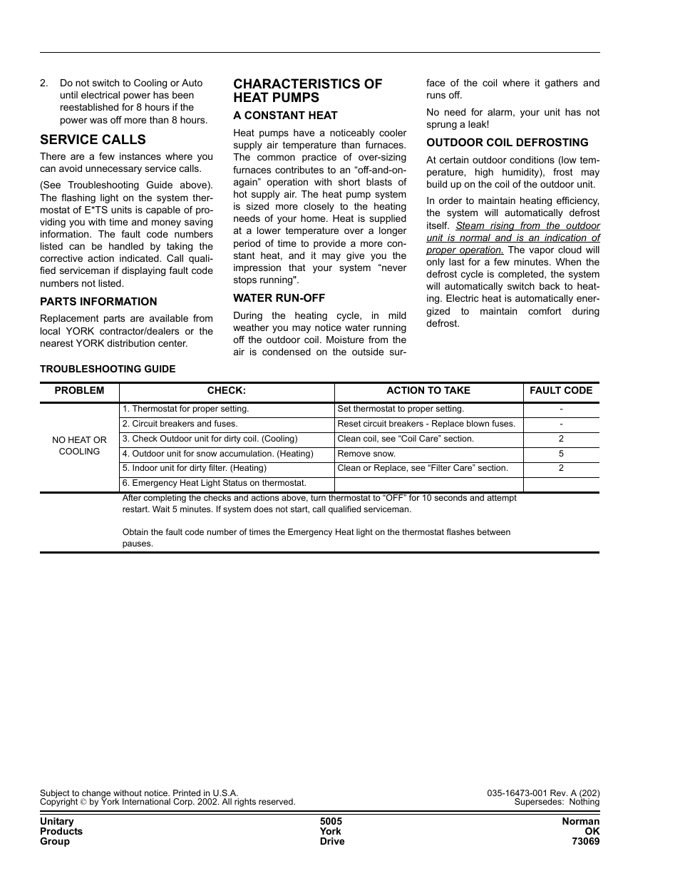 Service calls, Characteristics of heat pumps | York E4TS060 User Manual | Page 4 / 4