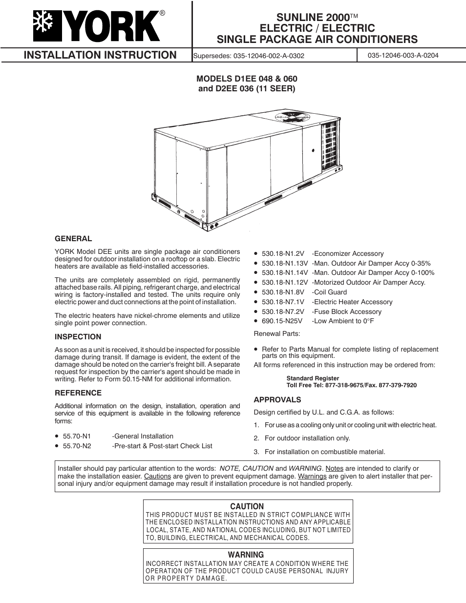 York SUNLINE 2000 D1EE 048 User Manual | 16 pages