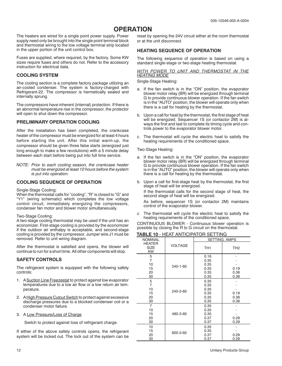 Operation | York SUNLINE 2000 D1EE 048 User Manual | Page 12 / 16