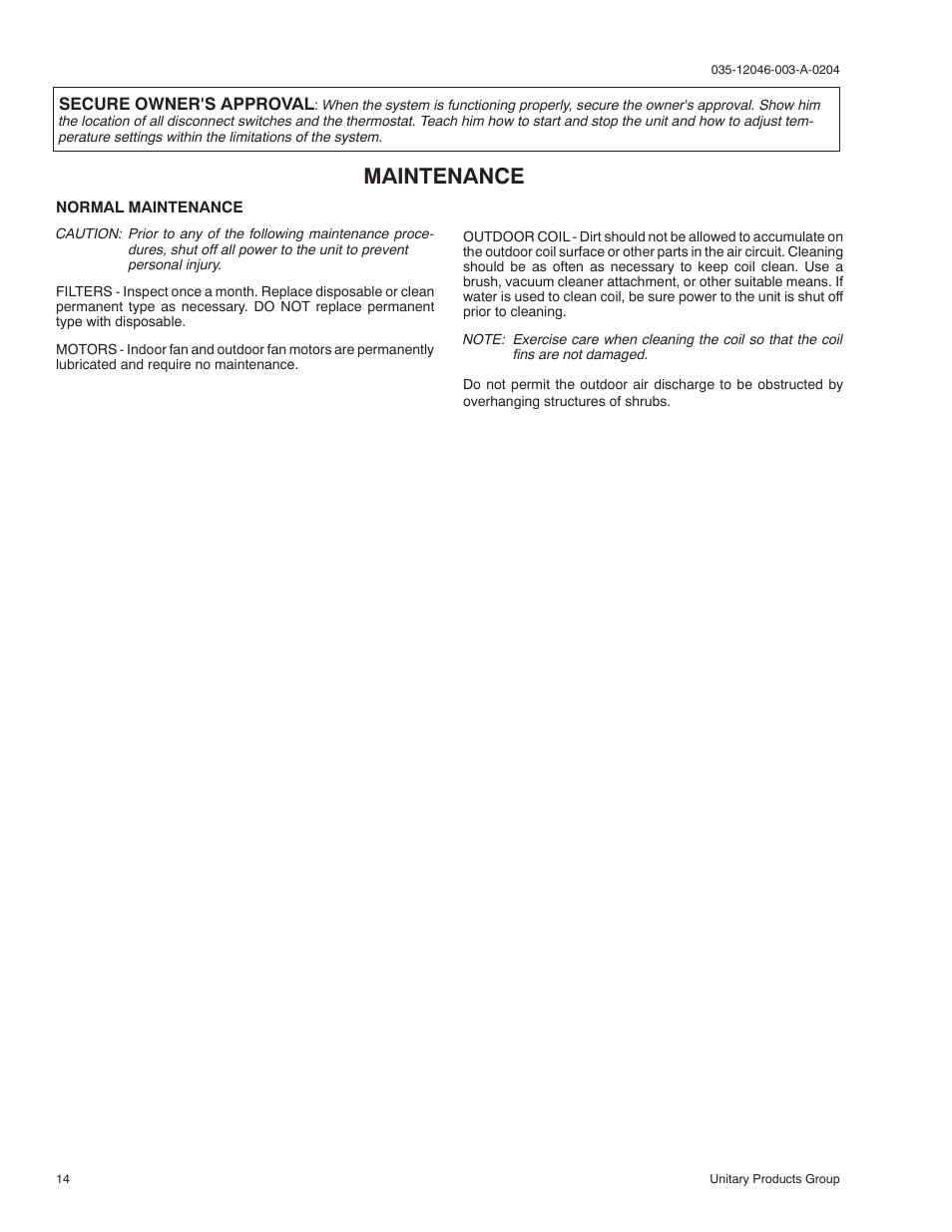 Maintenance | York SUNLINE 2000 D1EE 048 User Manual | Page 14 / 16