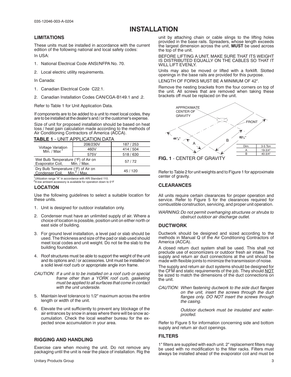 Installation | York SUNLINE 2000 D1EE 048 User Manual | Page 3 / 16