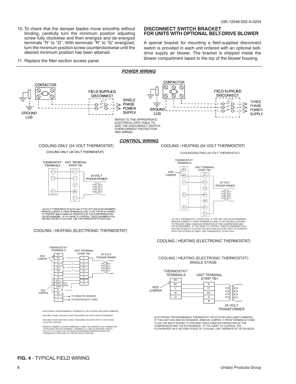 Fig. 4 - typical field wiring, Control wiring, Power wiring | Cooling only (24 volt thermostat), Cooling / heating (24 volt thermostat), Cooling / heating (electronic thermostat) | York SUNLINE 2000 D1EE 048 User Manual | Page 6 / 16
