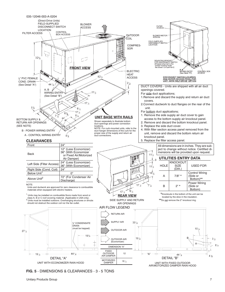 Fig. 5 - dimensions & clearances - 3 - 5 tons, Clearances, Utilities entry data | Rear view, Unit base with rails front view, Detail “a” detail “b, Air flow legend | York SUNLINE 2000 D1EE 048 User Manual | Page 7 / 16