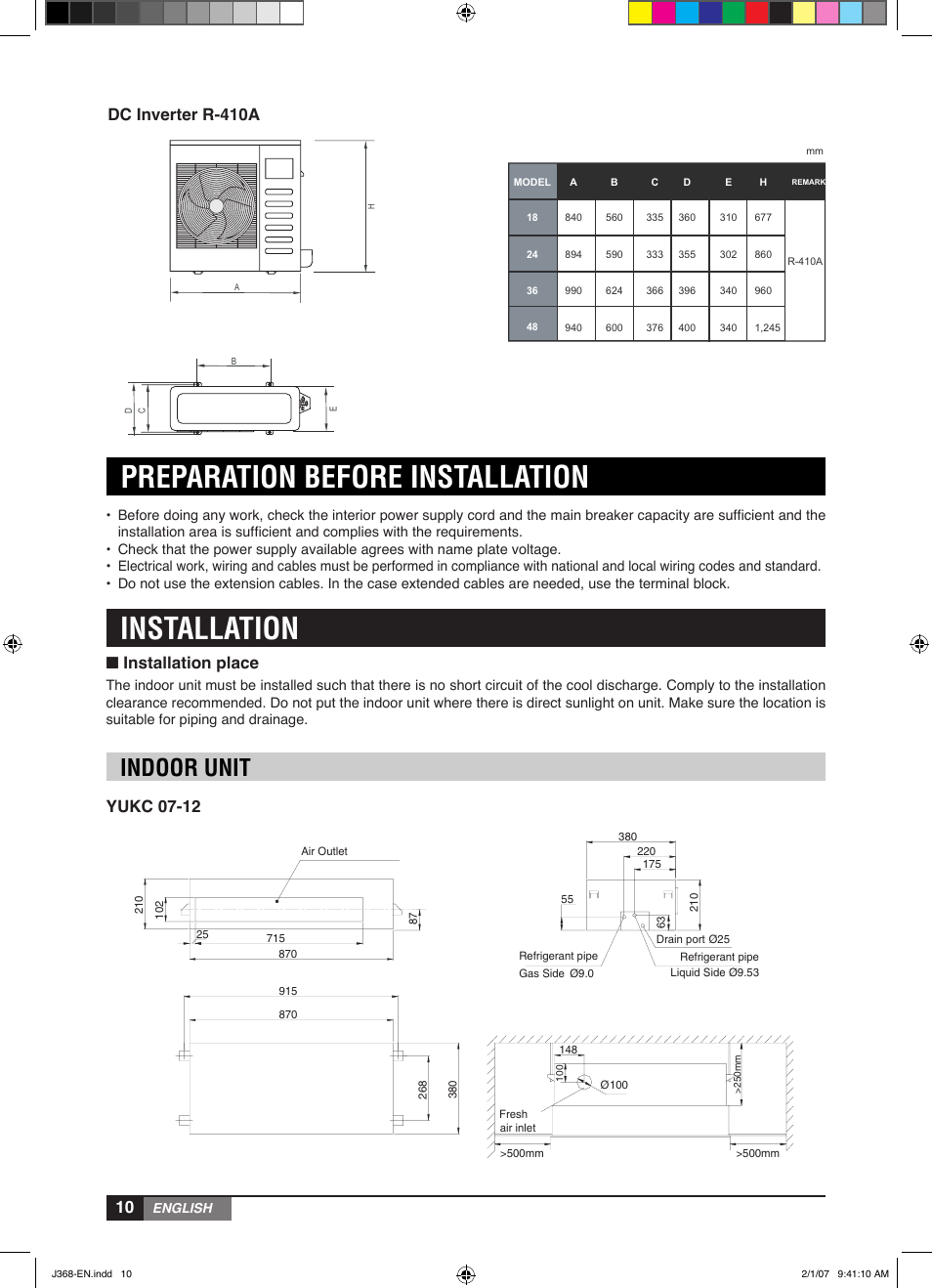 Preparation before installation, Installation, Indoor unit | Installation place, Yukc 07-12, Dc inverter r-410a | York YUHC 18-60 User Manual | Page 10 / 23