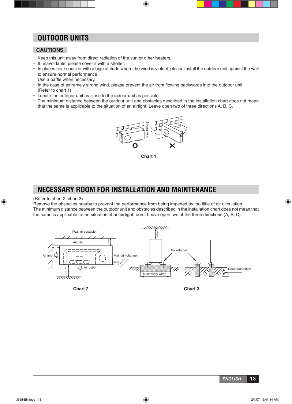 Outdoor units, Necessary room for installation and maintenance, Cautions | York YUHC 18-60 User Manual | Page 13 / 23