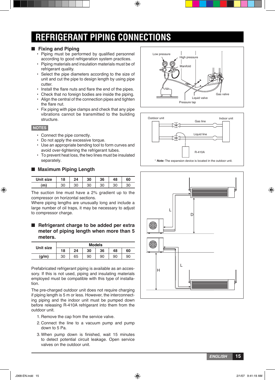 Refrigerant piping connections, Fixing and piping, Maximum piping length | York YUHC 18-60 User Manual | Page 15 / 23