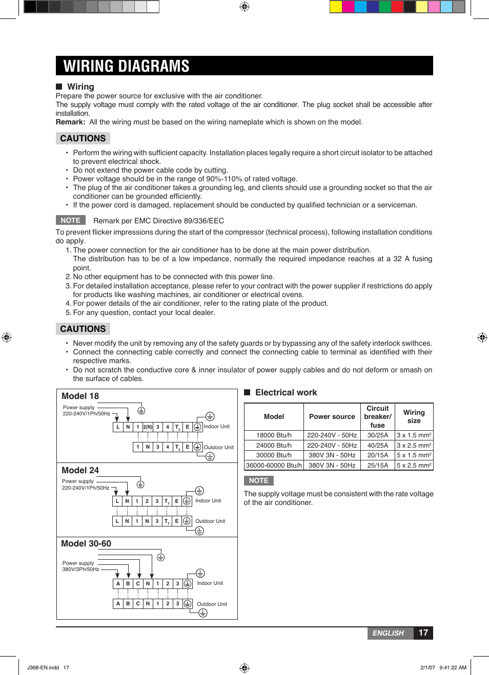 Wiring diagrams, Wiring, Model 18 | Cautions, Cautions ■ electrical work, Model 24, Model 30-60 | York YUHC 18-60 User Manual | Page 17 / 23