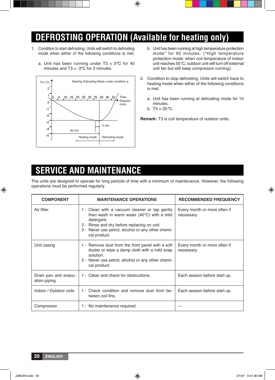 Defrosting operation (available for heating only), Service and maintenance | York YUHC 18-60 User Manual | Page 20 / 23