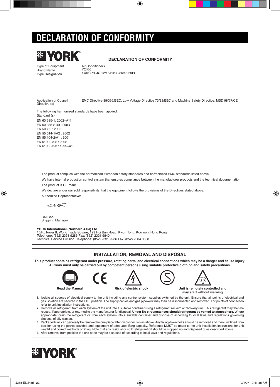 Declaration of conformity, York, International corporation | Installation, removal and disposal | York YUHC 18-60 User Manual | Page 23 / 23