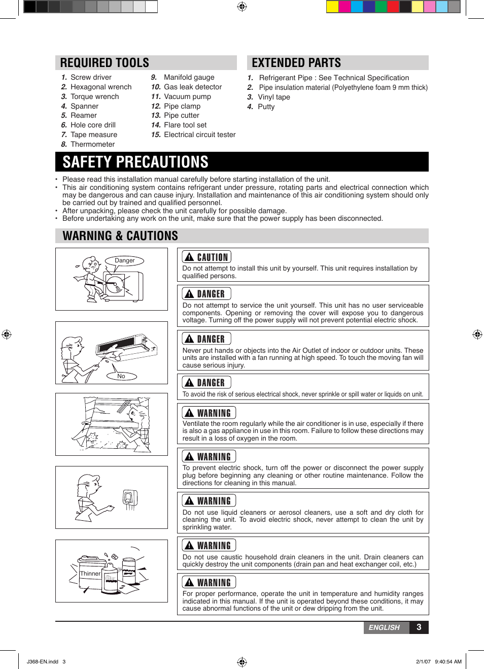 Safety precautions, Extended parts, Required tools | Warning & cautions, Danger, Warning, Caution | York YUHC 18-60 User Manual | Page 3 / 23