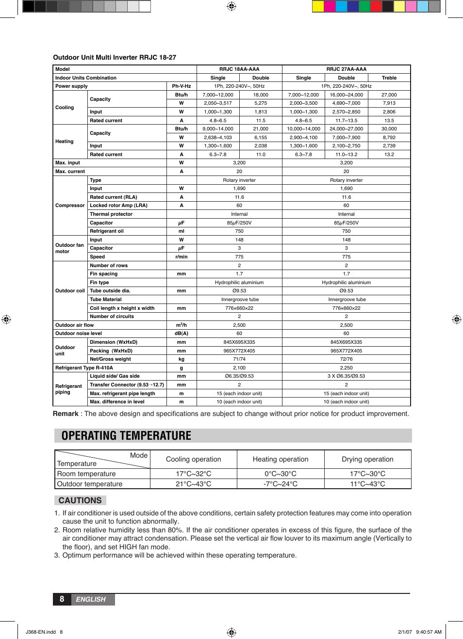 Operating temperature, Cautions | York YUHC 18-60 User Manual | Page 8 / 23