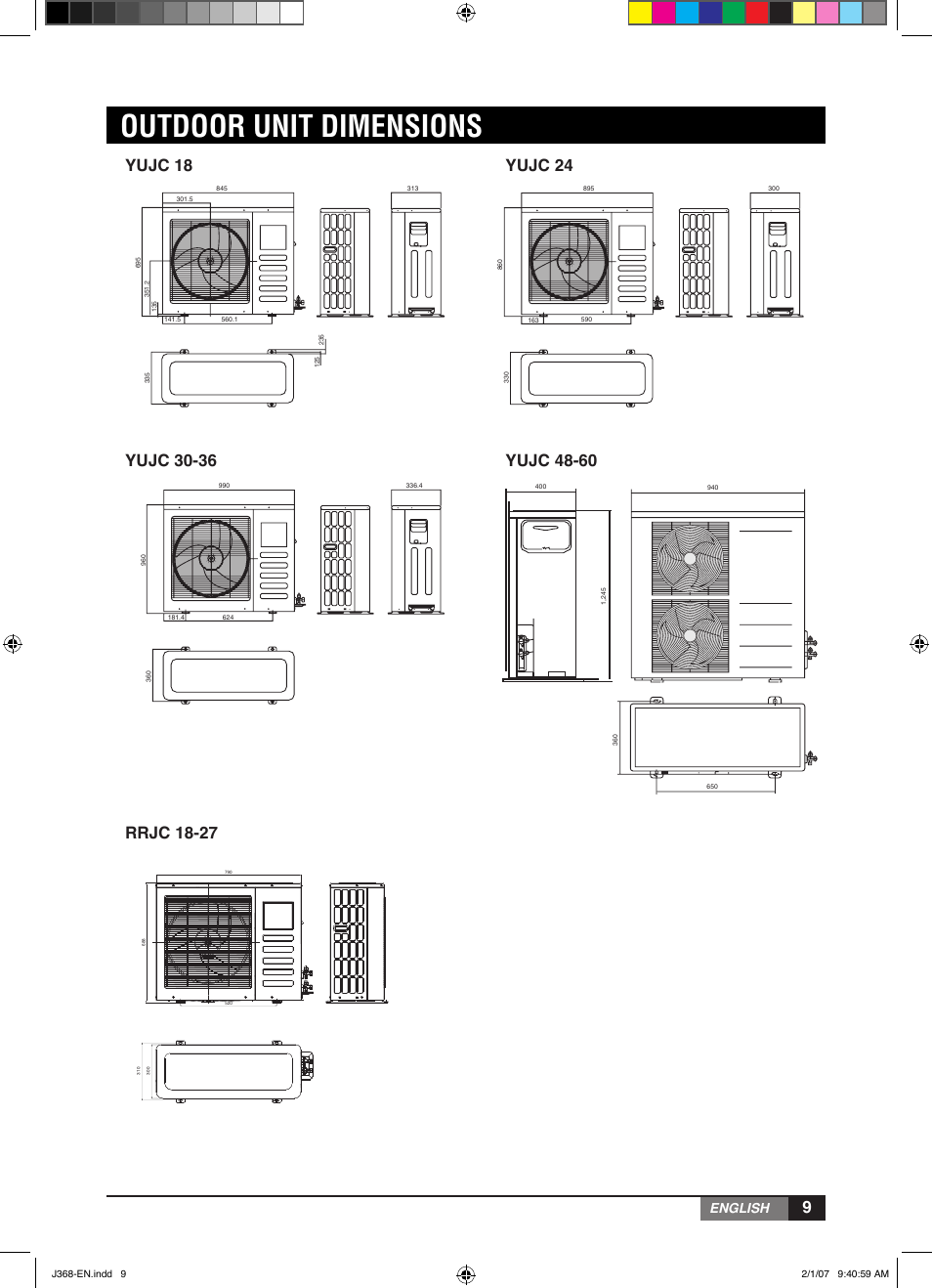 Outdoor unit dimensions, English | York YUHC 18-60 User Manual | Page 9 / 23