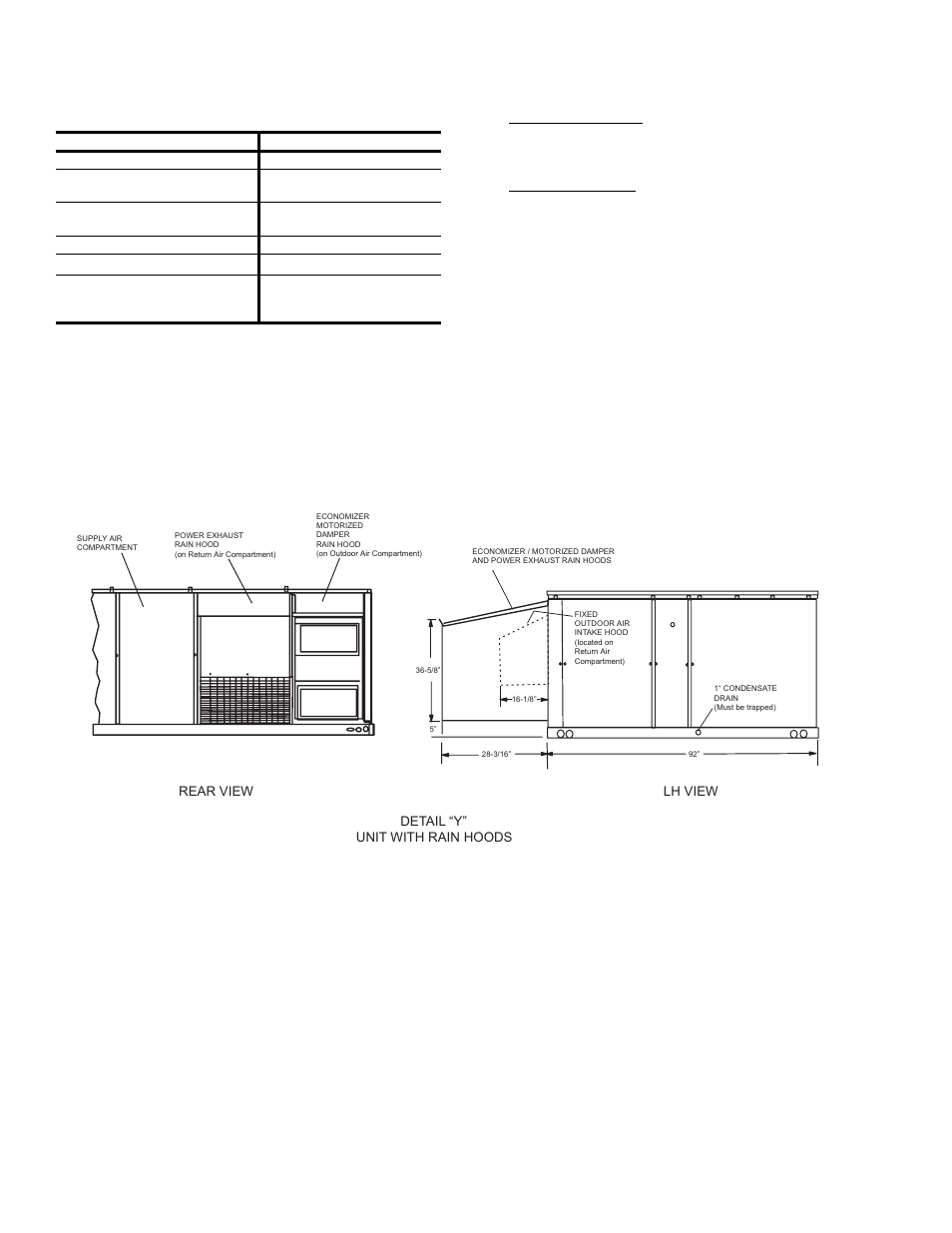 Table 26: minimum clearances, Unit dimensions dj180, 210, 240 & 300, Rainhood) | 26 minimum clearances | York DJ 180 User Manual | Page 32 / 40