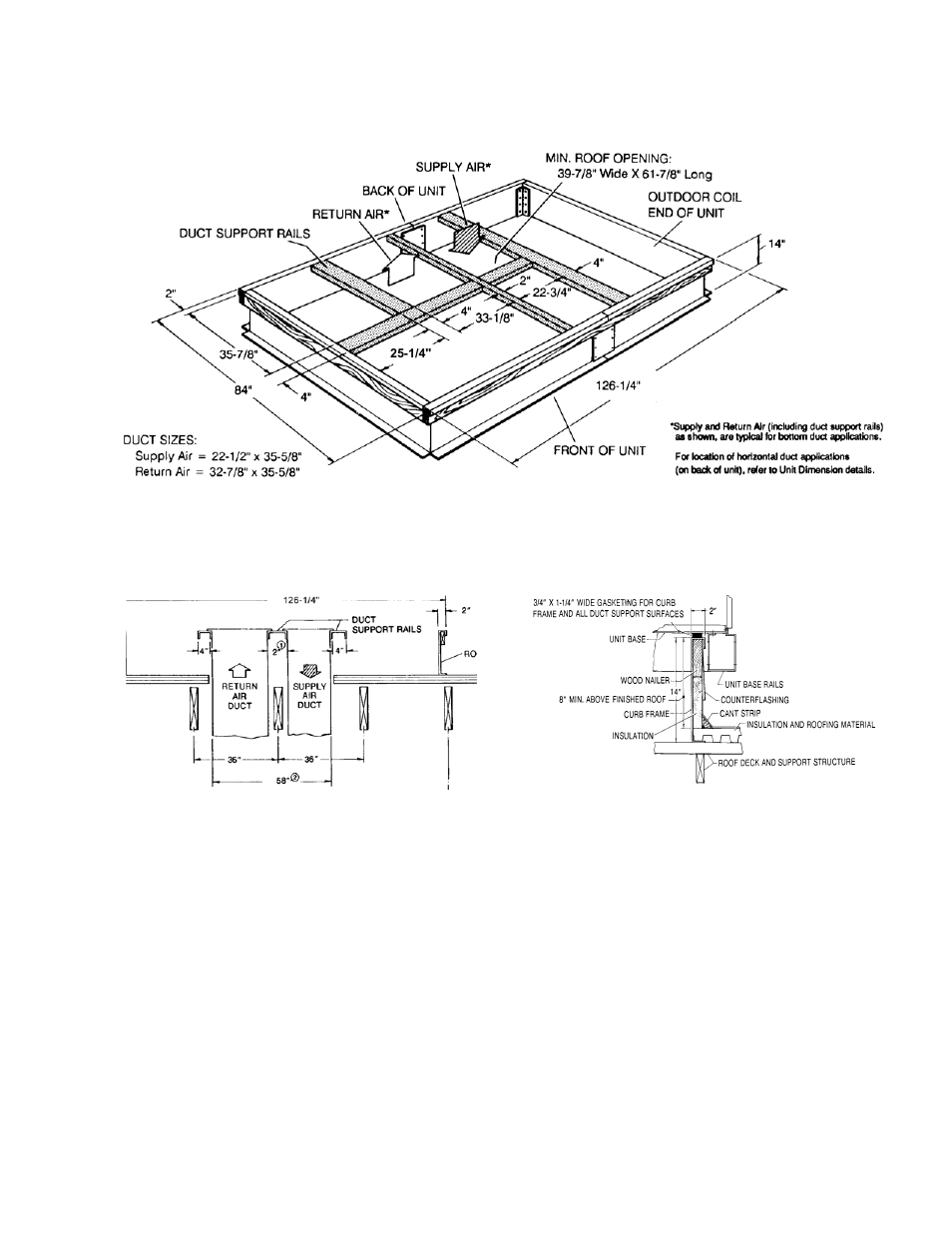 Unit roof curb dimensions, Roof curb duct openings dimension, Cut away of roof curb | York DJ 180 User Manual | Page 35 / 40