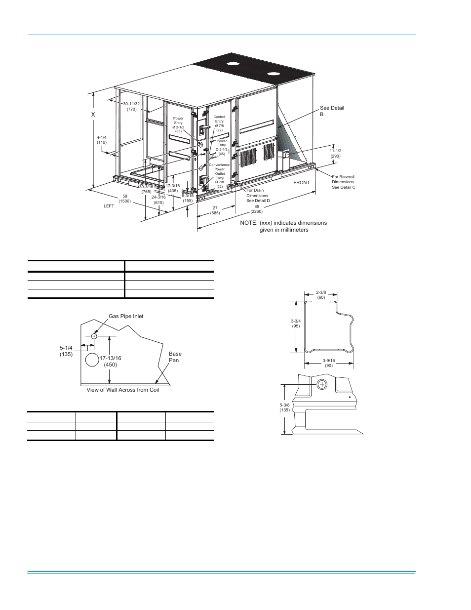 Figure 8 - unit dimensions, Table 6: unit height, Table 7: unit clearances | Detail b, Detail c, Detail d | York DM150 User Manual | Page 12 / 60