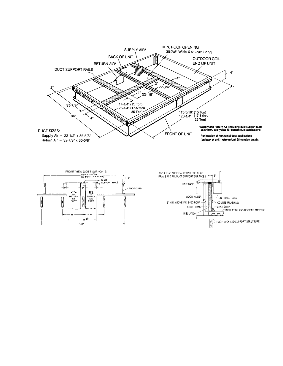 Figure 11 - unit roof curb dimensions, Figure 12 - roof curb duct openings dimensions, Figure 13 - cut away of roof curb | 11 unit roof curb dimensions, 12 roof curb duct openings dimensions, 13 cut away of roof curb | York DH 300 User Manual | Page 39 / 44