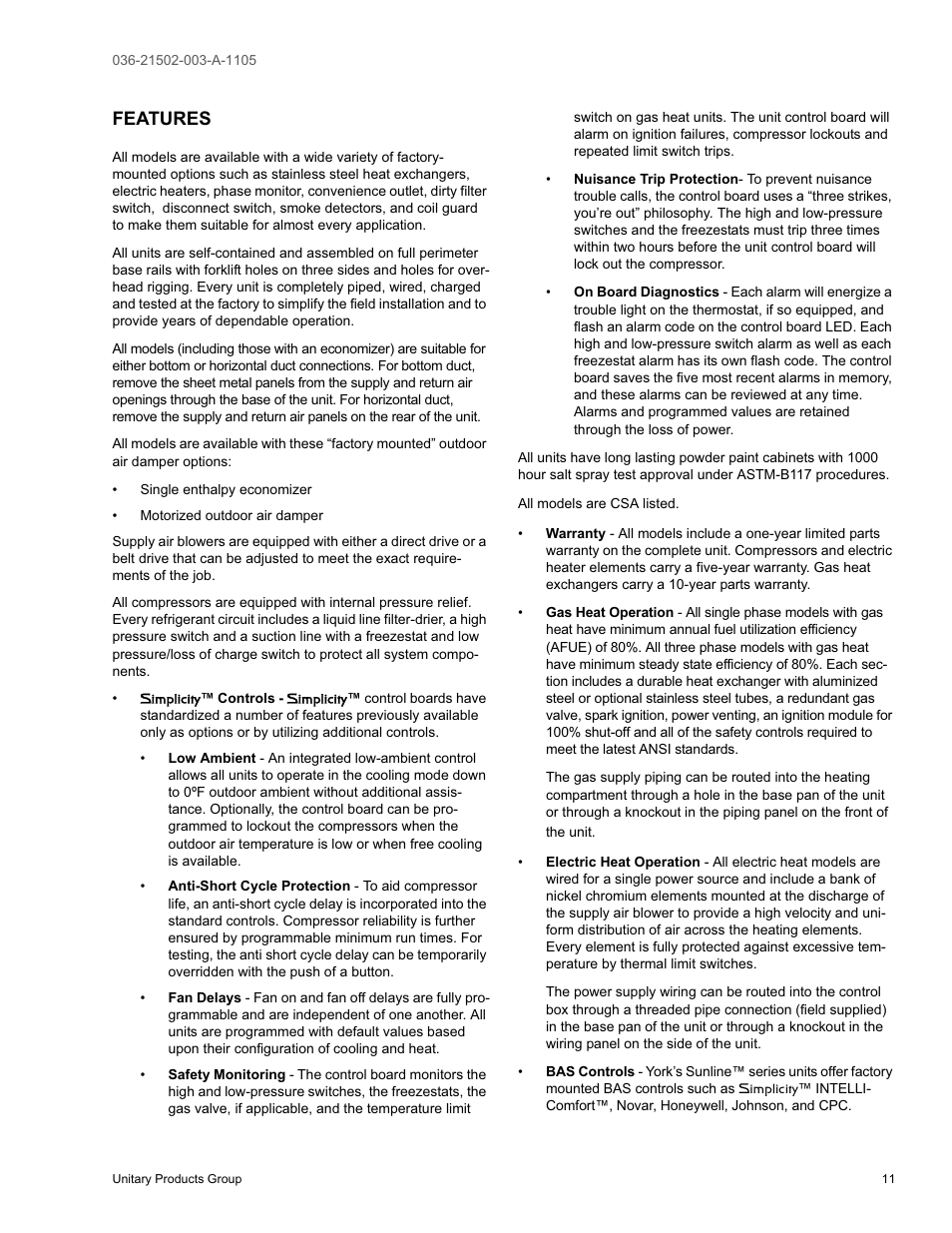 Features | York SUNLINE 2000 DM 036 User Manual | Page 11 / 44