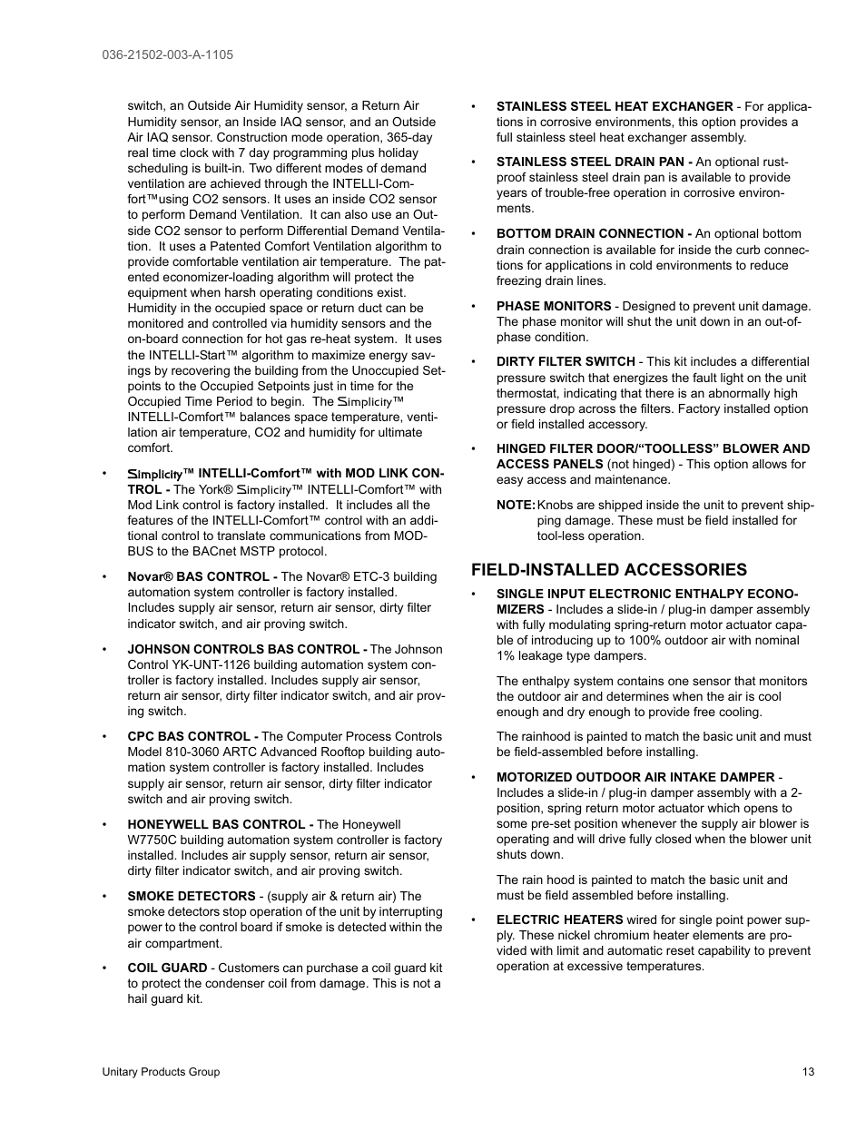 Field-installed accessories | York SUNLINE 2000 DM 036 User Manual | Page 13 / 44