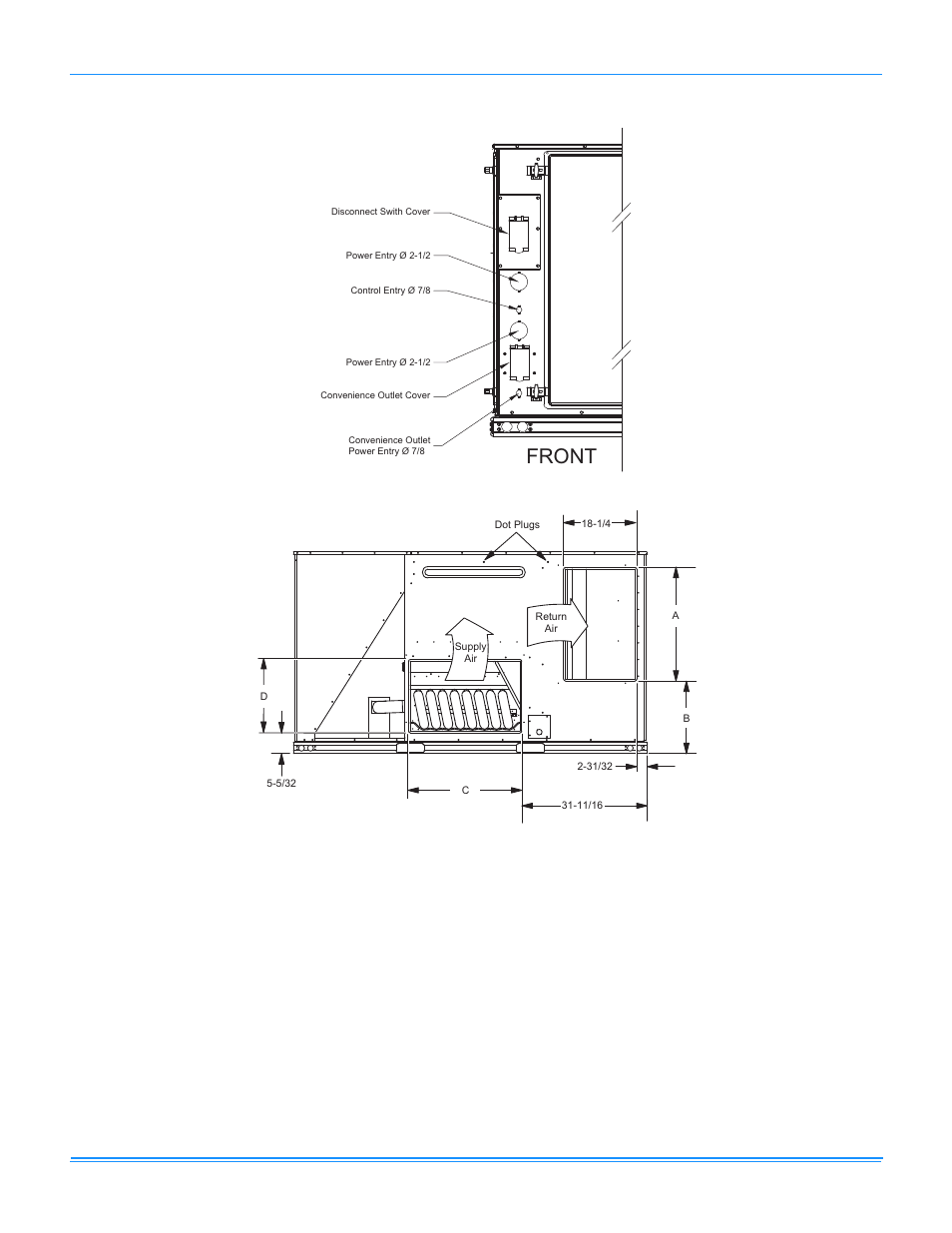 Zh/zj037-150 unit electrical entry, Zh/zj037-120 unit side duct openings, Front | York PREDATOR R-410A User Manual | Page 129 / 135