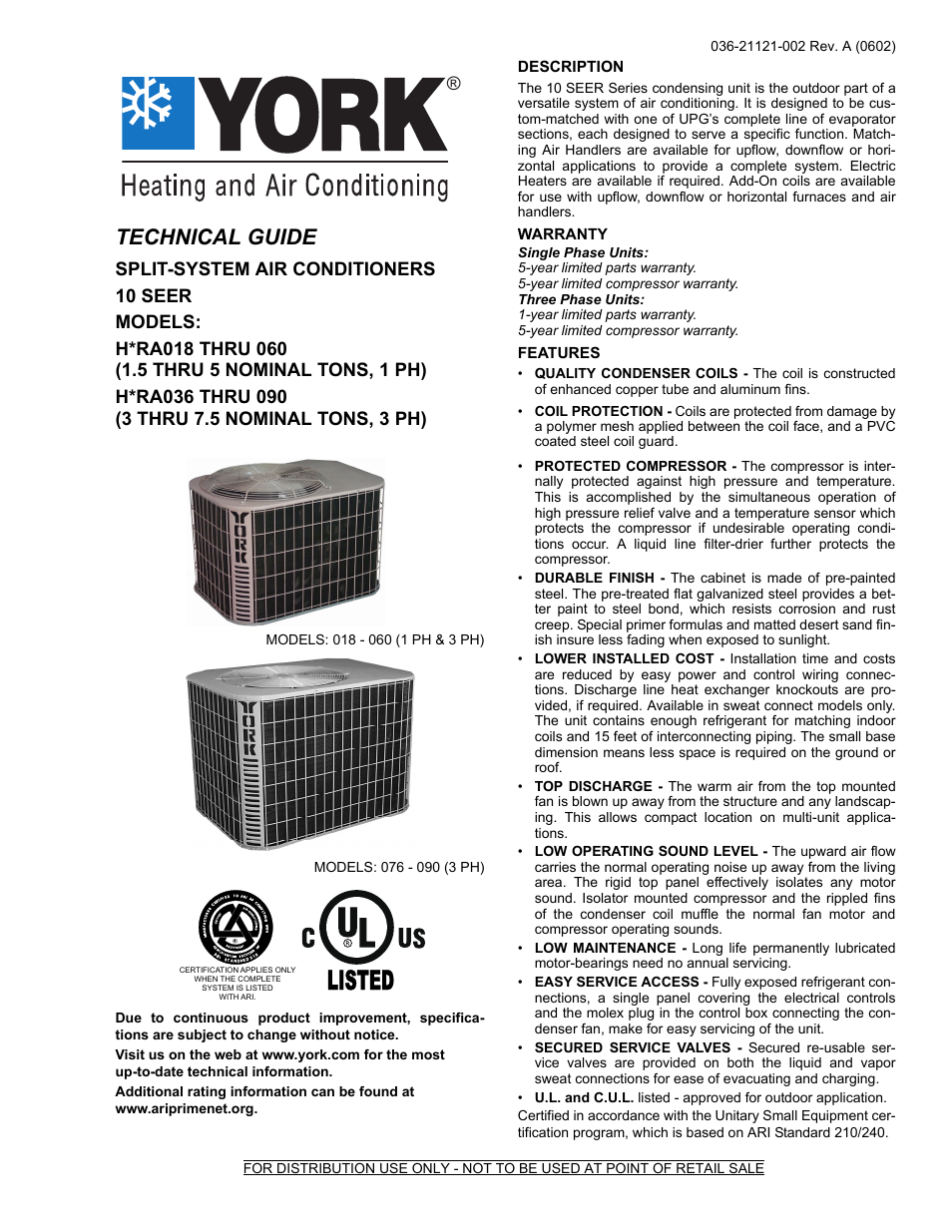 York H*RA036 THRU 090 User Manual | 20 pages