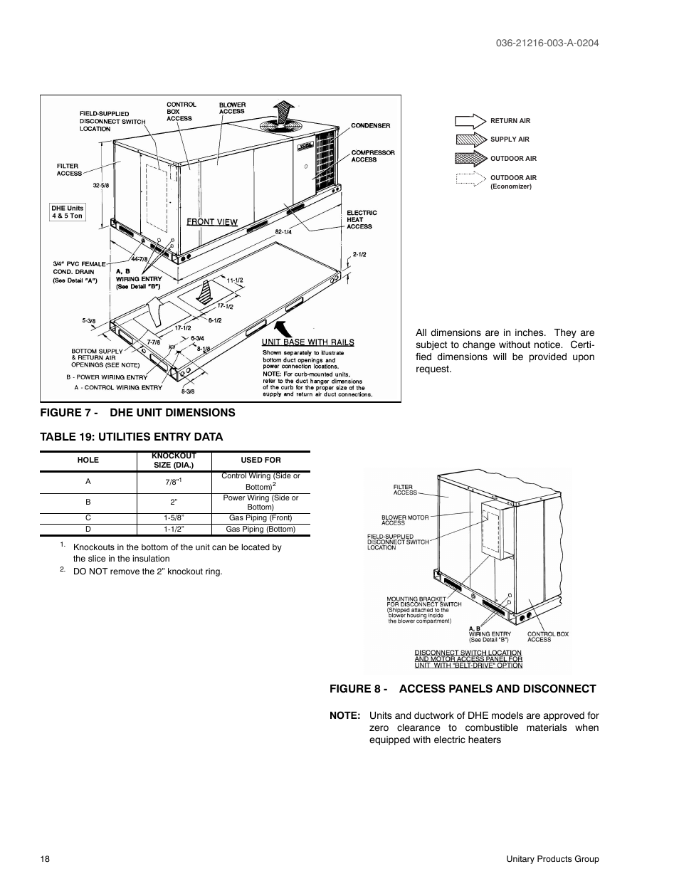 Figure 7 - dhe unit dimensions, Table 19: utilities entry data, Figure 8 - access panels and disconnect | 19 utilities entry data | York D2HE/D2HG060 User Manual | Page 18 / 28