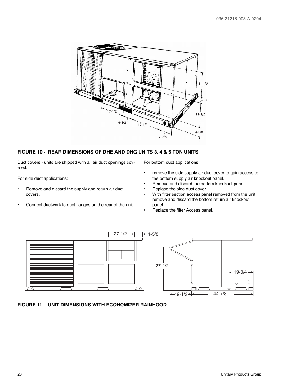 10 rear dimensions of dhe and dhg, Units 3, 4 & 5 ton units, 11 unit dimensions with economizer | Rainhood | York D2HE/D2HG060 User Manual | Page 20 / 28