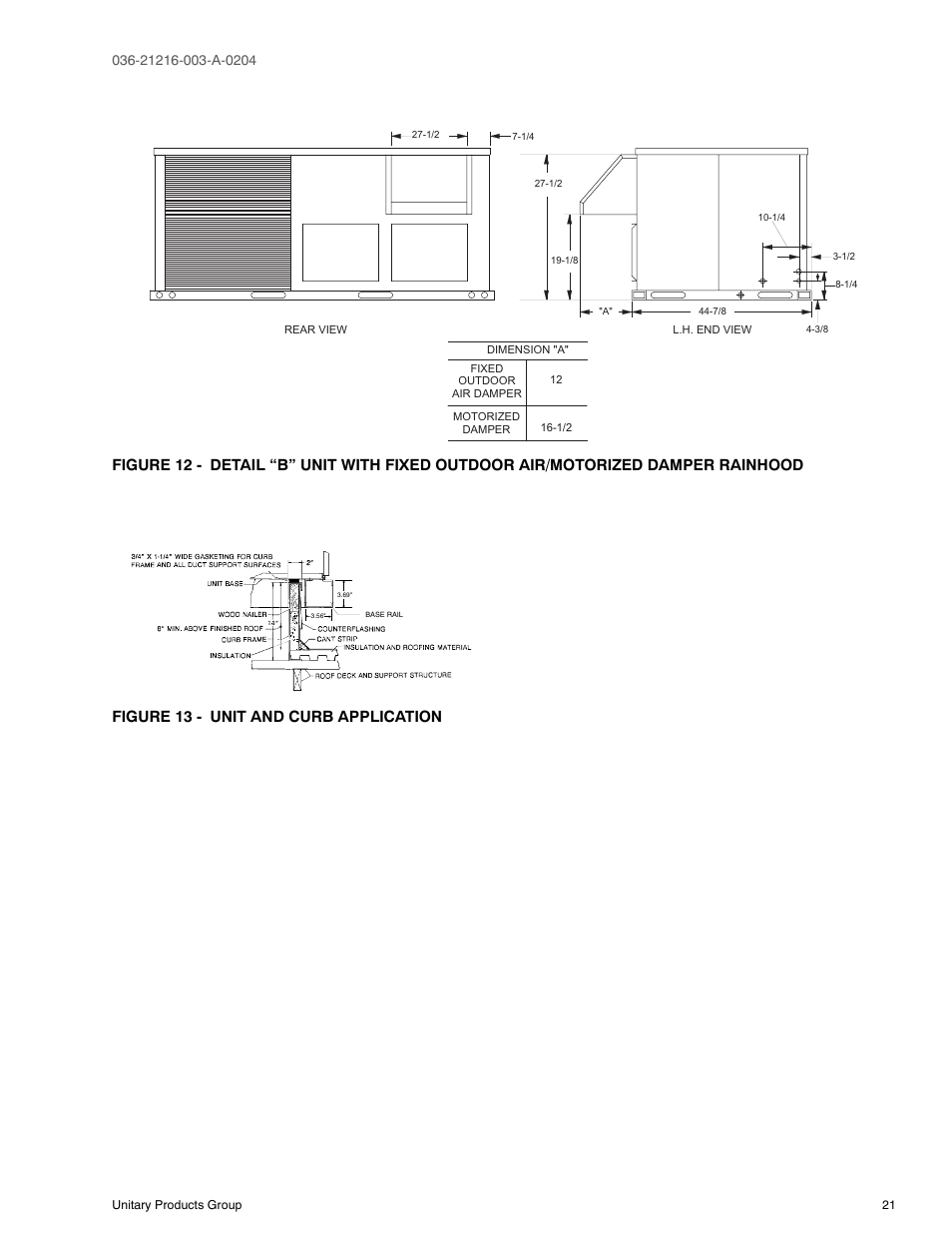 Figure 13 - unit and curb application, 12 detail “b” unit with fixed outdoor, Air/motorized damper rainhood | 13 unit and curb application | York D2HE/D2HG060 User Manual | Page 21 / 28